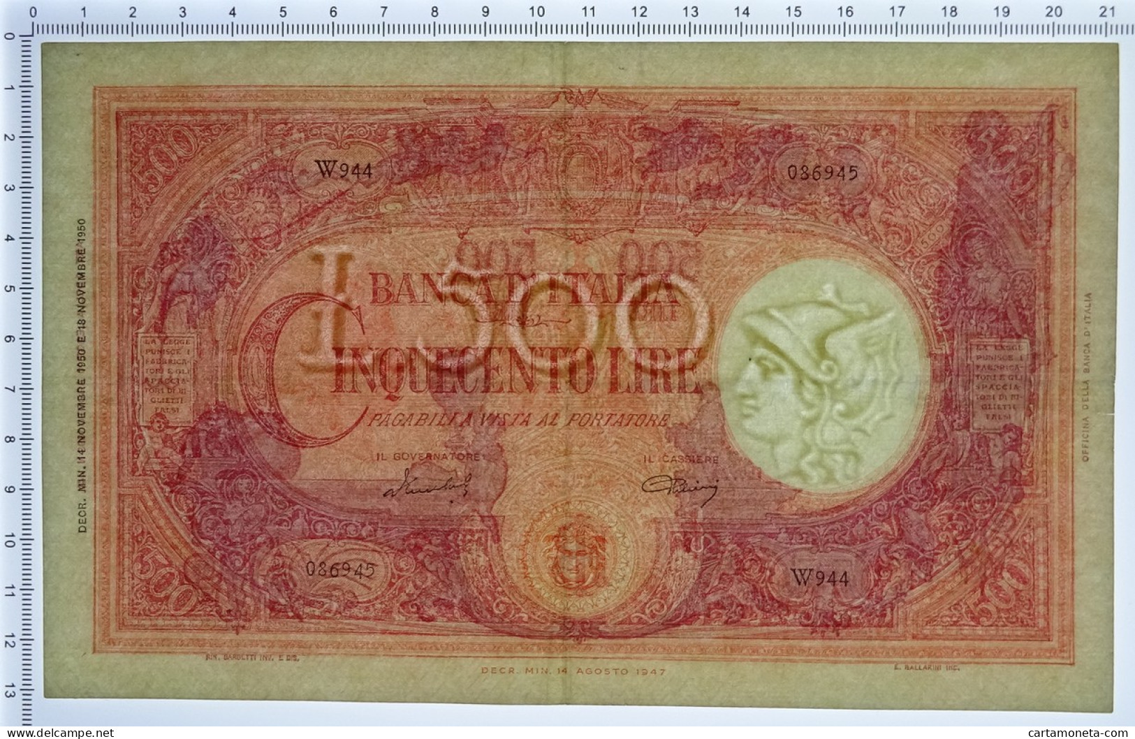 500 LIRE BARBETTI GRANDE C MEDUSA BI REPUBBLICA ITALIANA 14/11/1950 BB/BB+ - Other & Unclassified