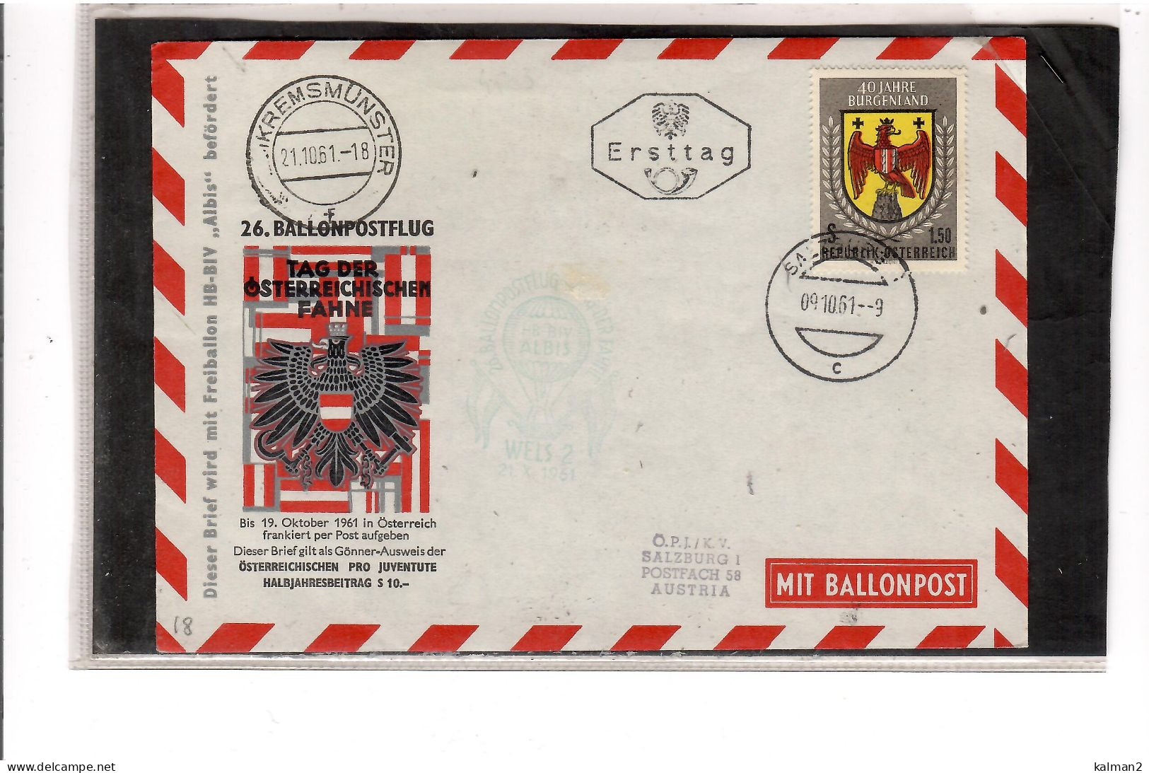 TEM20489 -  WELS  21.10.1961    /   26.  BALLONPOSTFLUG -  NETTO KATALOG NR. 26a  - BALLON " HB-BIV ALBIS " - Montgolfier