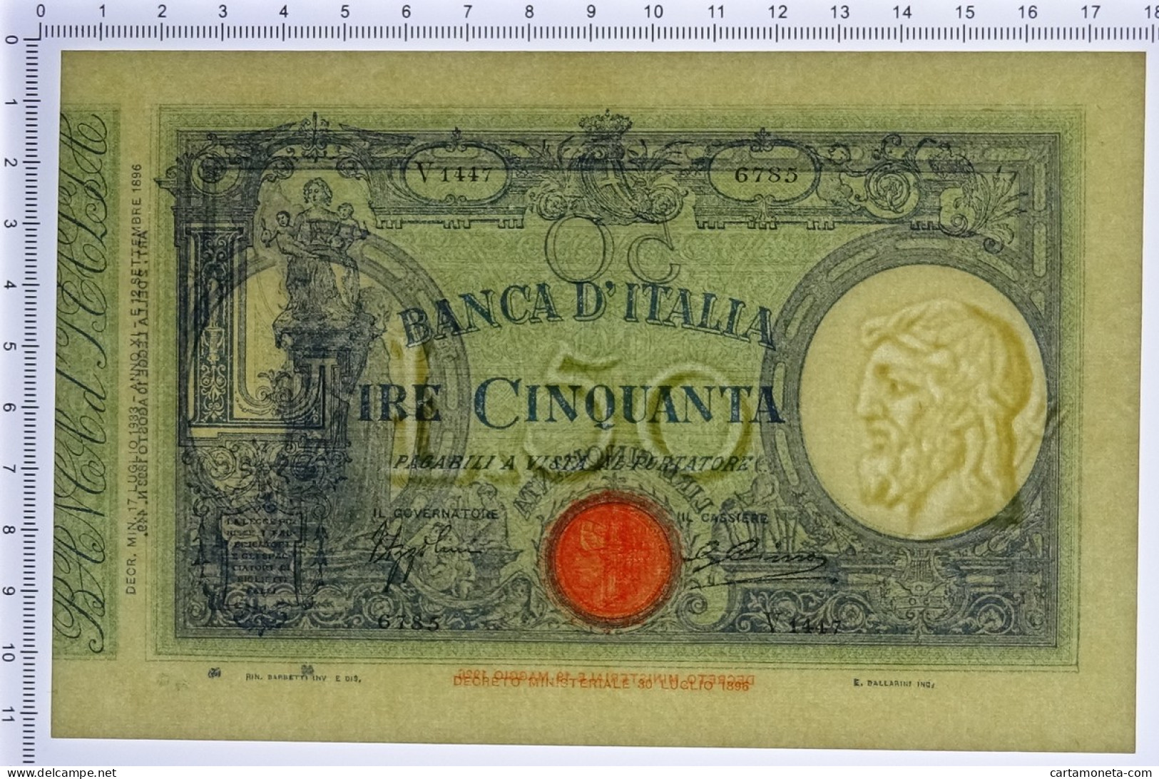 50 LIRE BARBETTI GRANDE L MATRICE LATERALE TESTINA FASCIO 17/07/1933 SUP - Regno D'Italia – Other