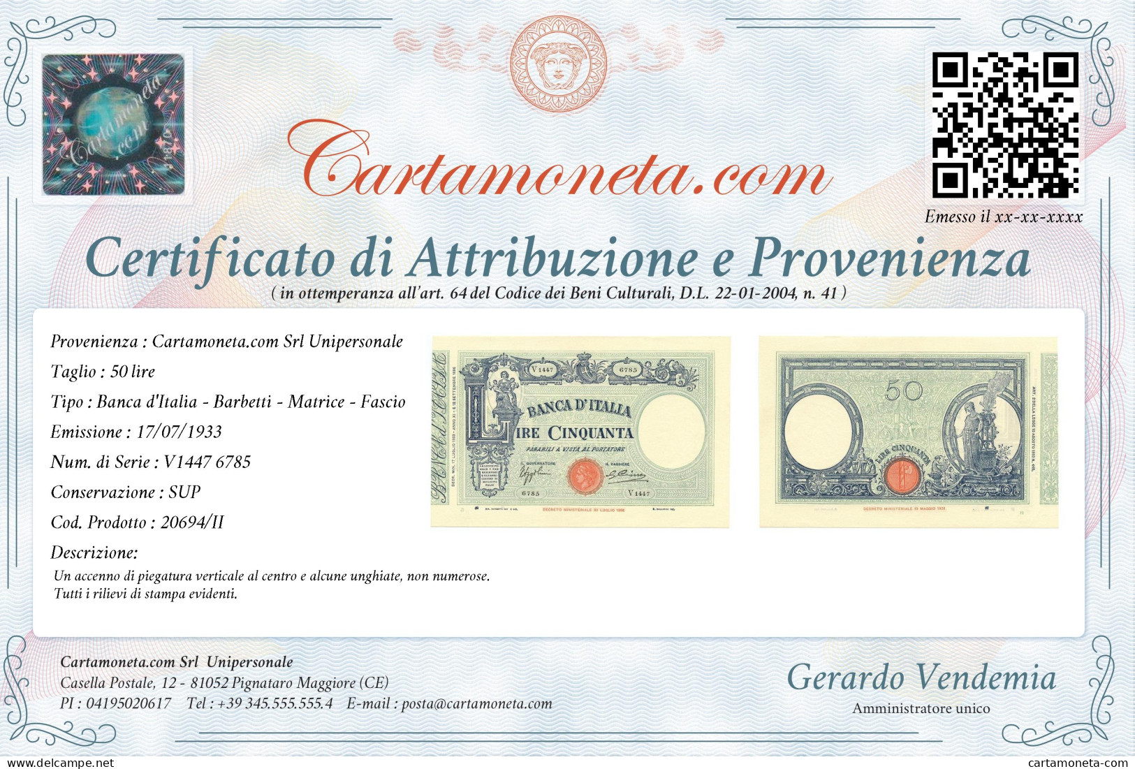 50 LIRE BARBETTI GRANDE L MATRICE LATERALE TESTINA FASCIO 17/07/1933 SUP - Regno D'Italia – Autres