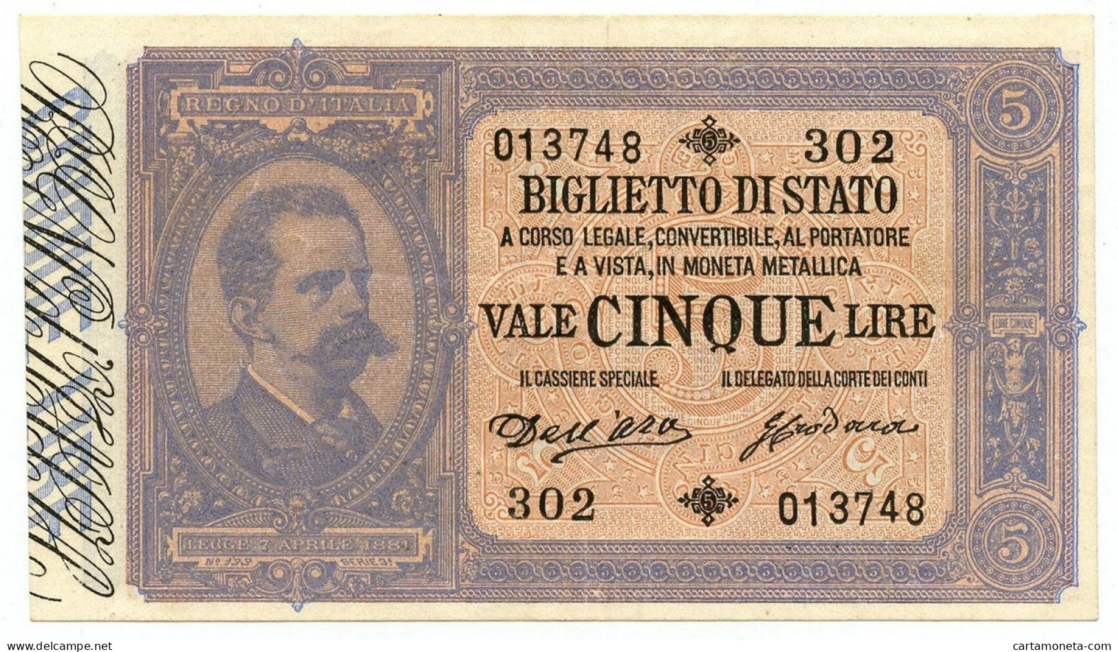 5 LIRE BIGLIETTO DI STATO EFFIGE UMBERTO I 01/03/1883 SPL - Otros