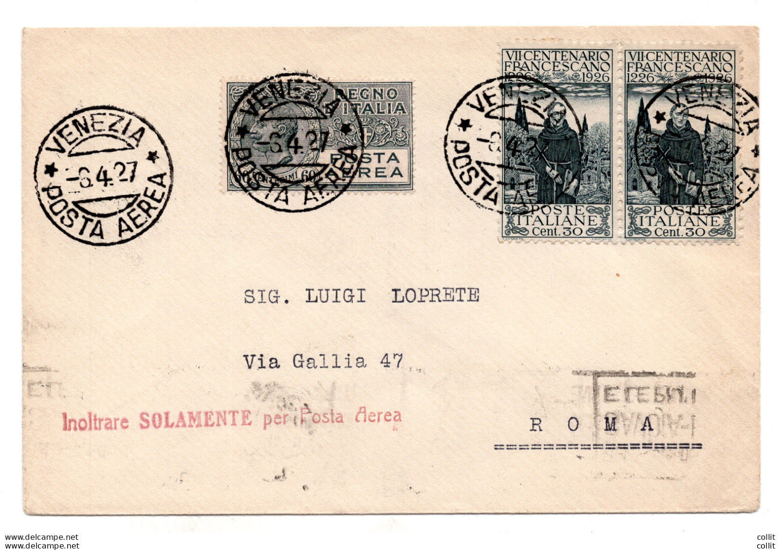 I° Volo Venezia Roma Del 6.4.27 - Poststempel (Flugzeuge)