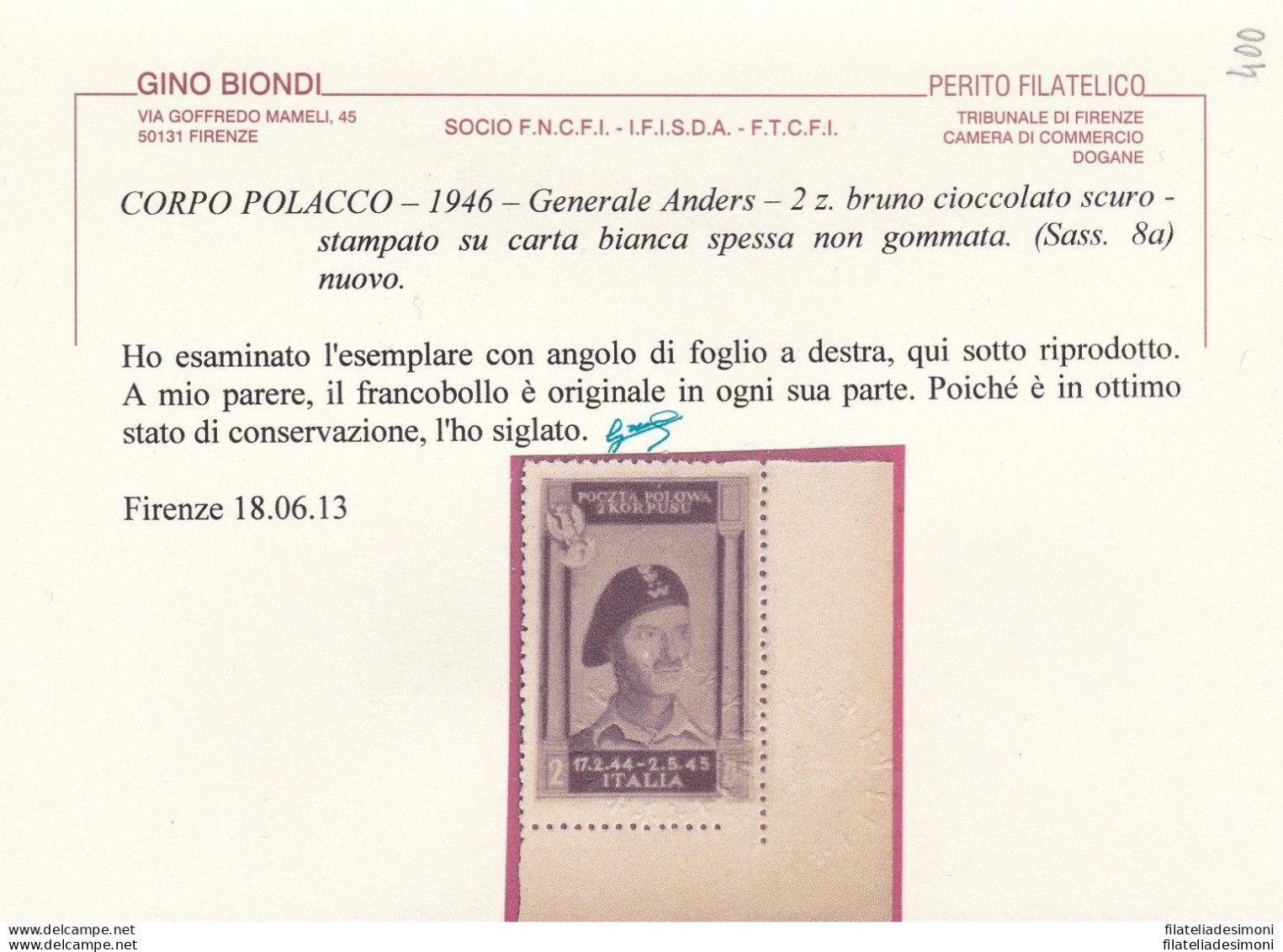 1946 CORPO POLACCO, N° 8a NUOVO SENZA GOMMA (*)  Certificato Biondi - 1946-47 Período Del Corpo Polacco