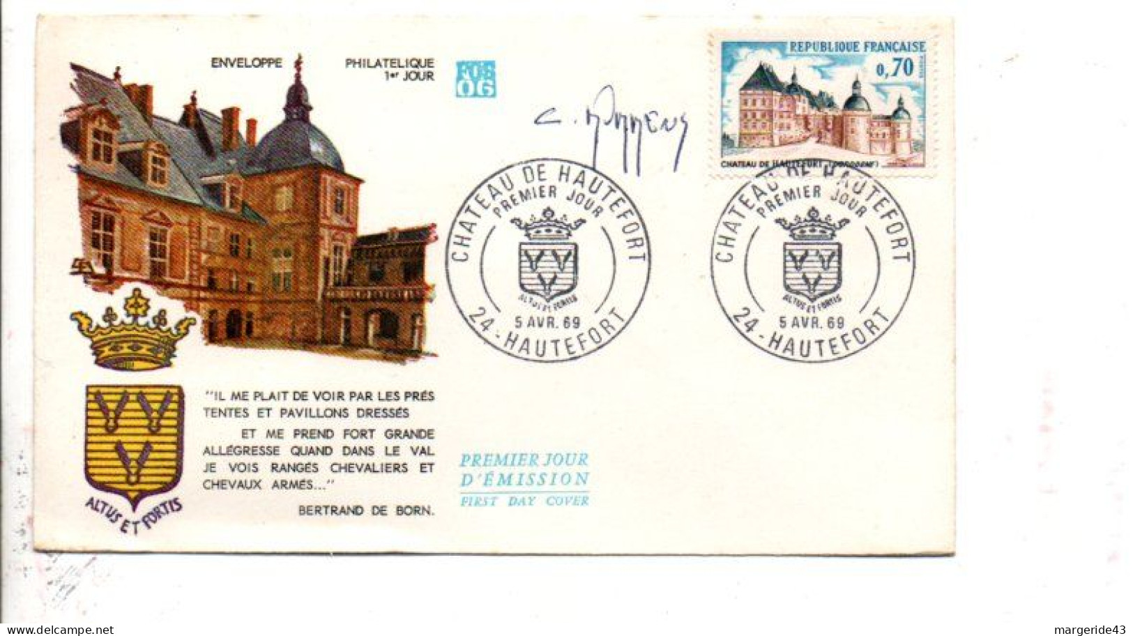 FDC CHATEAU DE HAUTEFORT SIGNE PAR LE GRAVEUR 1969 - Zonder Classificatie