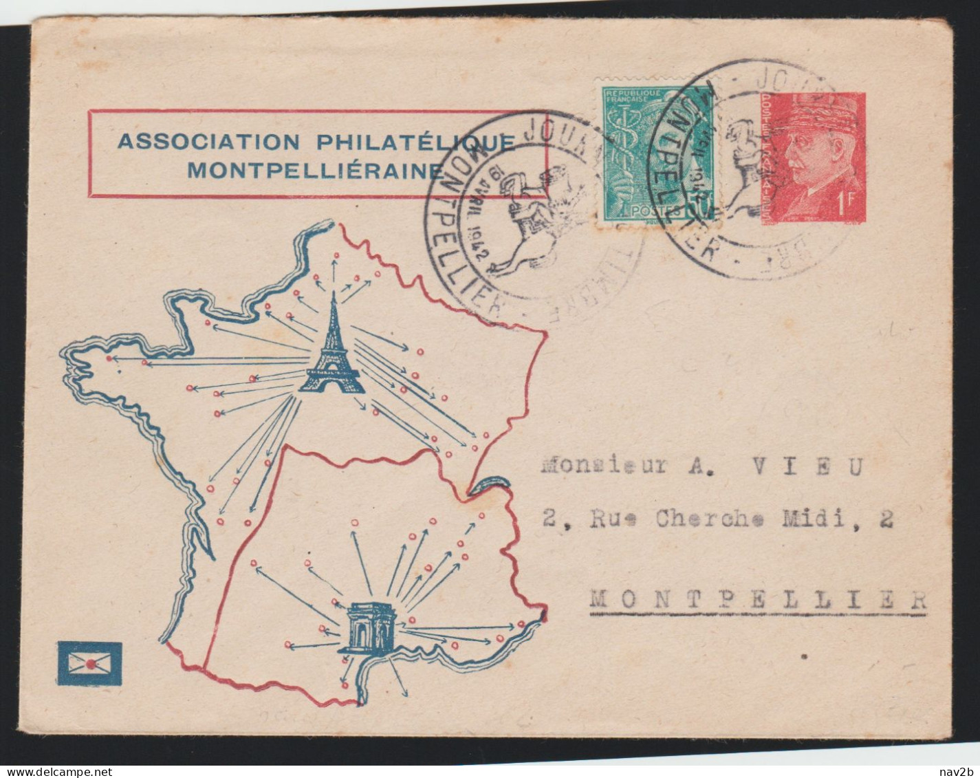 Entier Enveloppe Pétain 1 Fr Rouge . Journée Du Timbre 1942 Montpellier . - Buste Postali E Su Commissione Privata TSC (ante 1995)