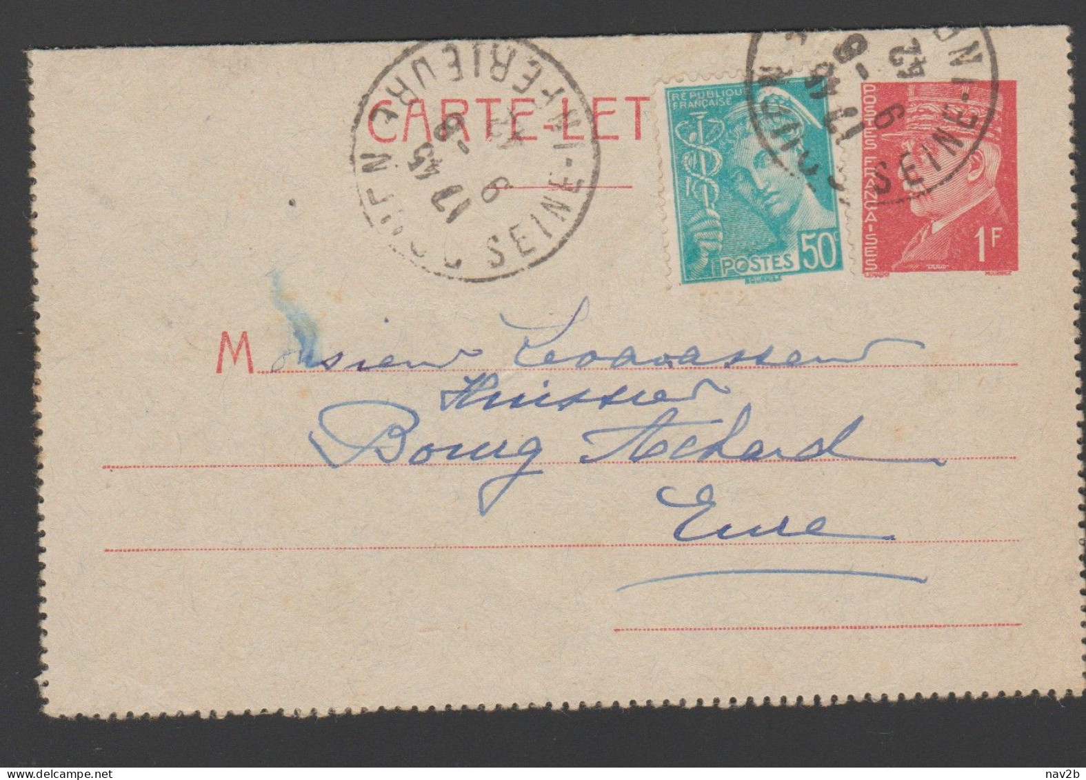 Entier Carte Lettre Pétain 1 Fr . Oblitérée 1942 - Letter Cards