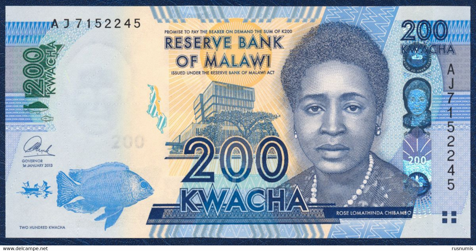 MALAWI 200 KWACHA P-60b Malawi Bank Lilongwe, Fish - Parliament Building 2013 UNC - Malawi