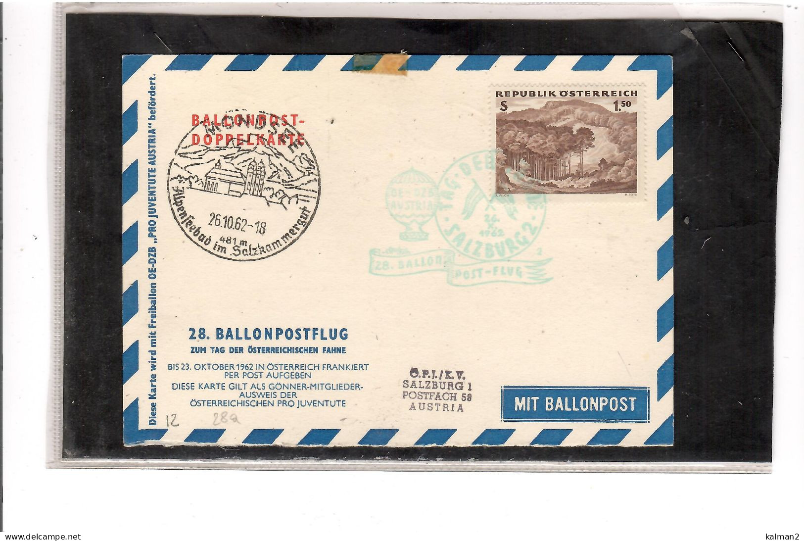 TEM20493 -  SALZBURG 26.10.1962   /   28.  BALLONPOSTFLUG -  NETTO KATALOG NR. 28a  - BALLON " OE-DZB " - Airships