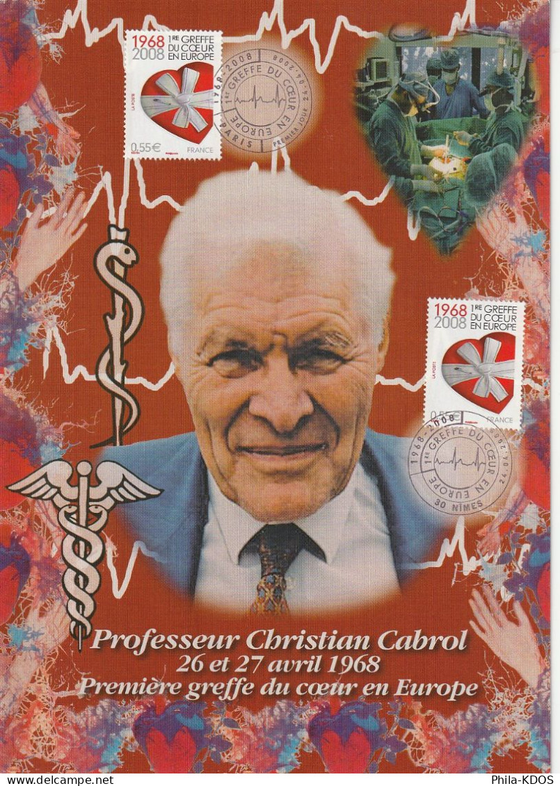 Rare (464/500) " GREFFE DU COEUR / Pr CABROL " Sur Encart 1er Jour Sur Soie Edit° A.M.I.S. 2008 N°YT 4179 Parf état. FDC - Médecine