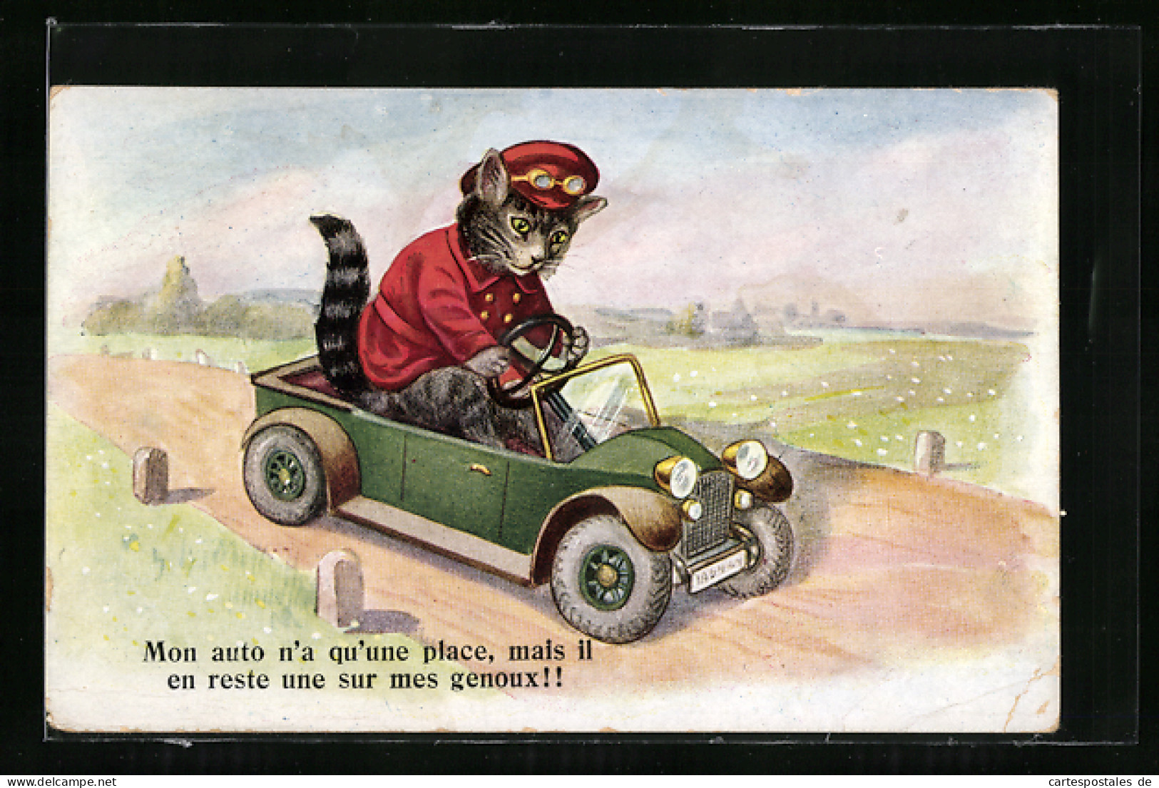 Künstler-AK Getigerte Katze Fährt Ein Flottes Auto, Vermenschlichte Tiere  - PKW