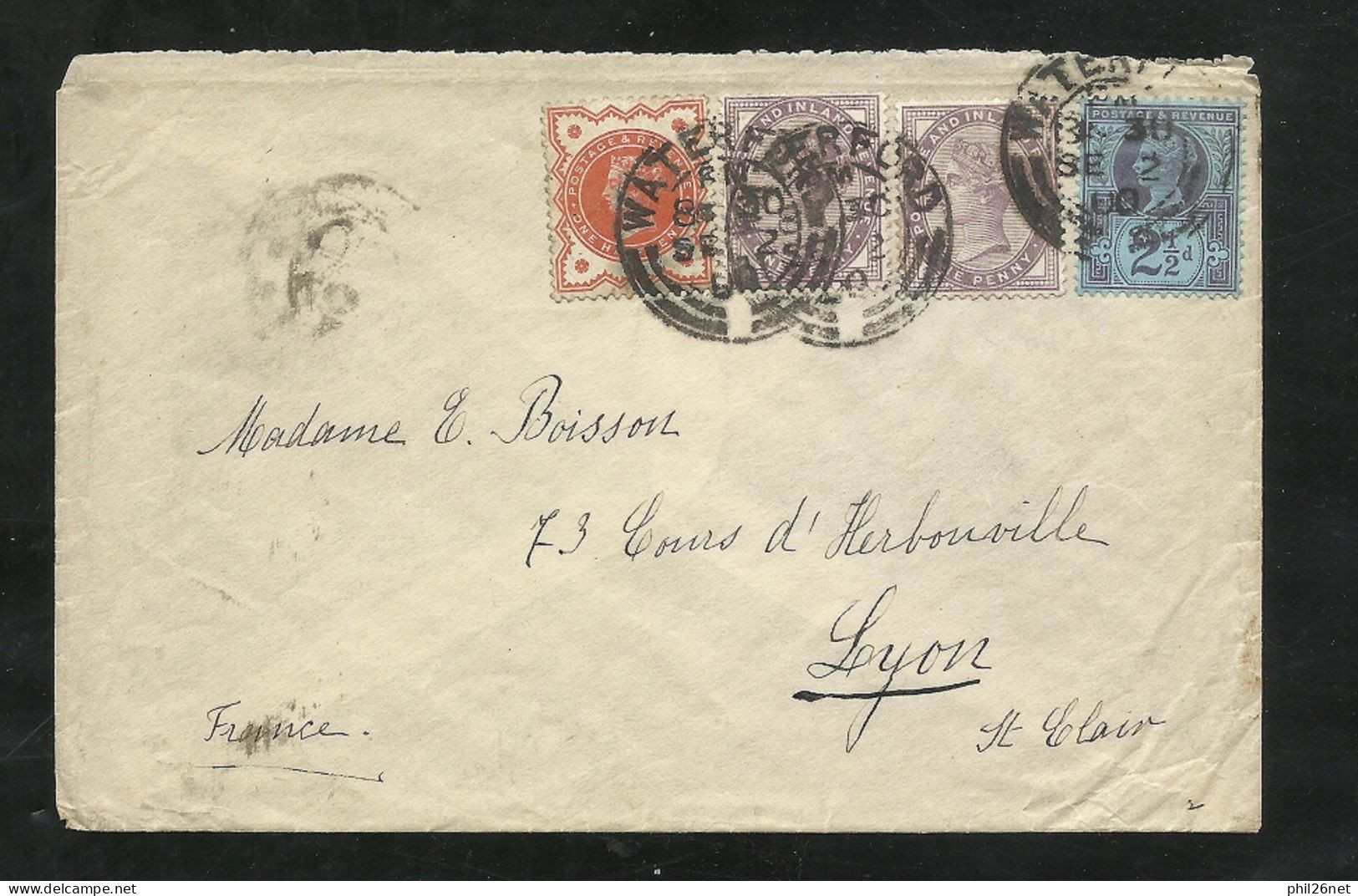 UK Lettre De  Waterford Le 02/09/1900 Pour Lyon Le 04/09/1900  Affranchissement Tricolore  Les N° 73x 2 ; 91 Et 95  B/TB - Briefe U. Dokumente