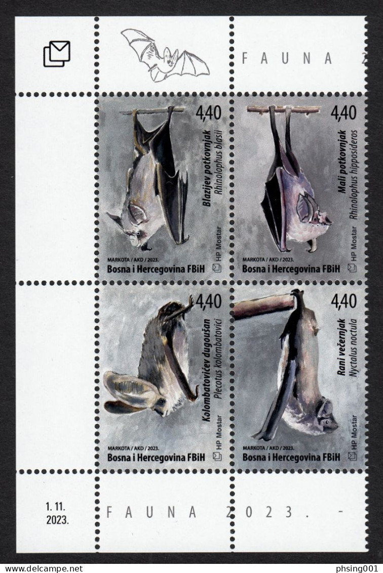 Bosnia Croatia 2023 Fauna Bats Rhinolophus Blasii Plecotus Kolombatovici ... Set In Block Of 4 MNH - Bosnien-Herzegowina