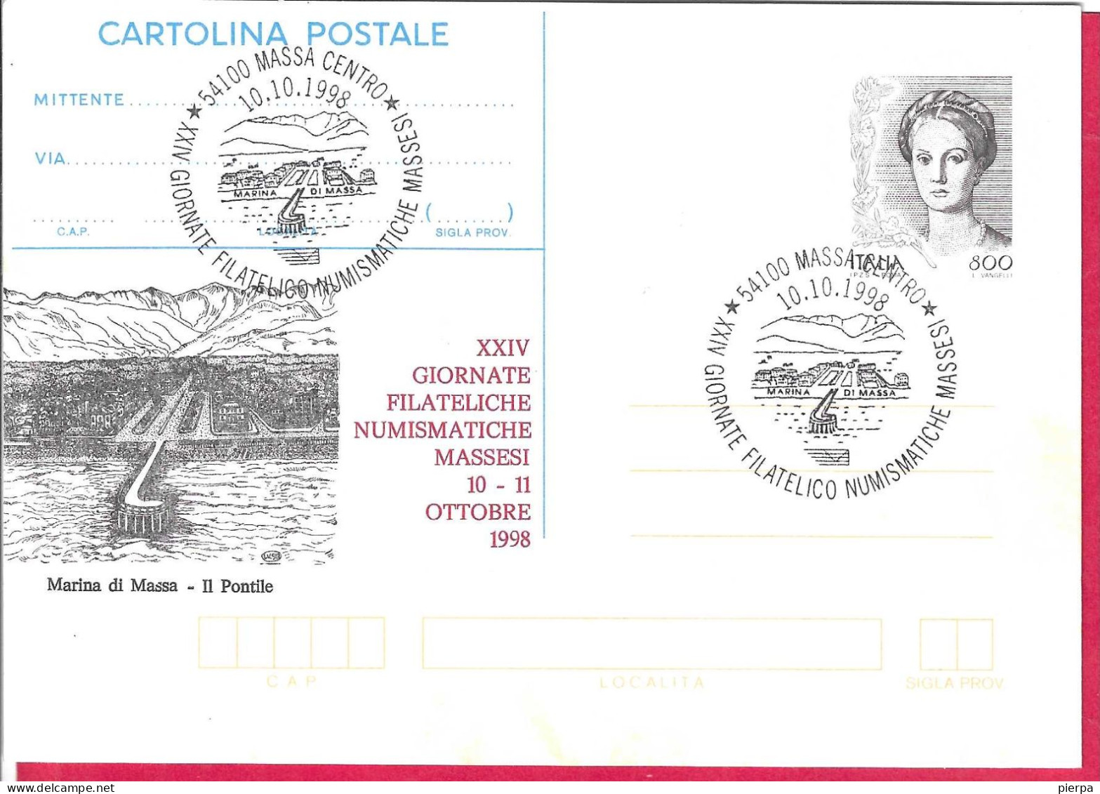 REPIQUAGE -  ANNULLO SPECIALE"MASSA CENTRO*10.10.1998*/XXIV GIORNATE FILATELICHE NUMISMATICHE MASSESI" SU INTERO - Interi Postali