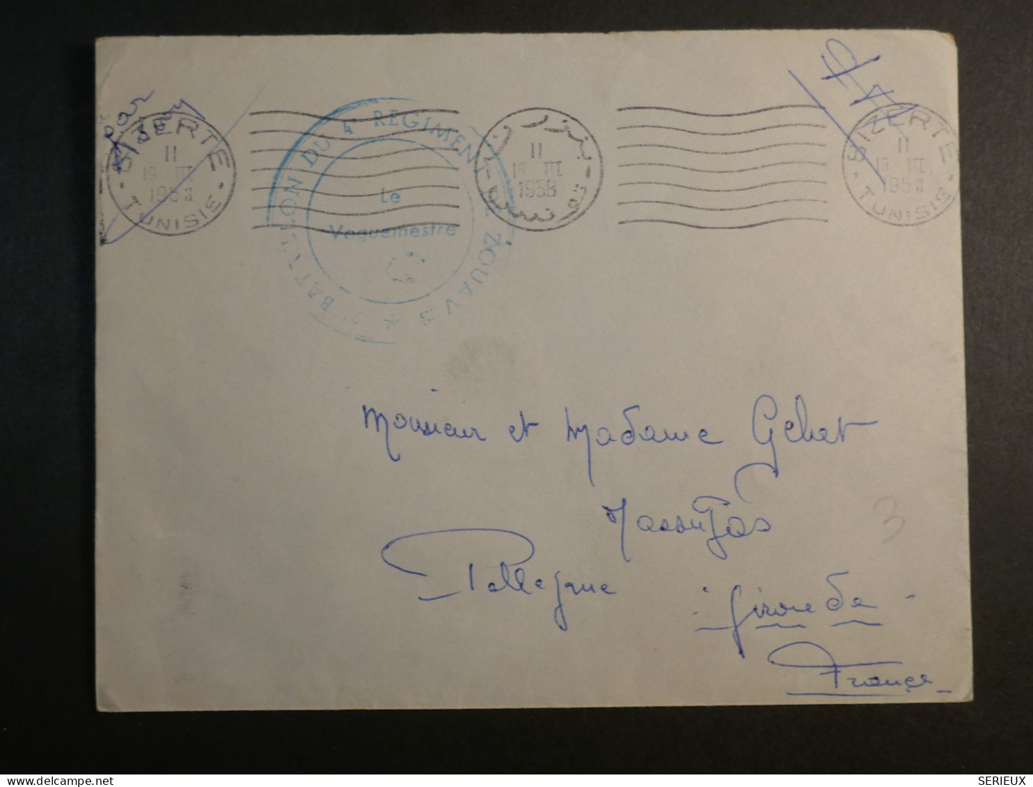 DM 17  TUNISIE   LETTRE FM   1956 BIZERTE   A PELLEGRUE FRANCE    +AFF. INTERESSANT +++ - Tunisia