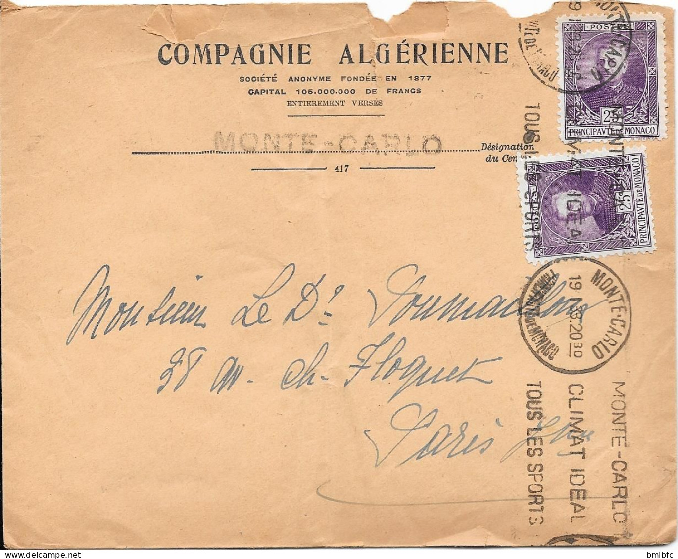 Sur Lettre De 1933 COMPAGNIE ALGÉRIENNE MONTE-CARLO - Covers & Documents