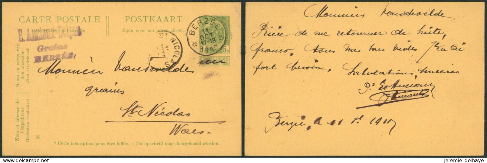 EP Au Type 5ctm Vert Obl Relais "Berzée" (1910) > St-Nicolas - Postmarks With Stars