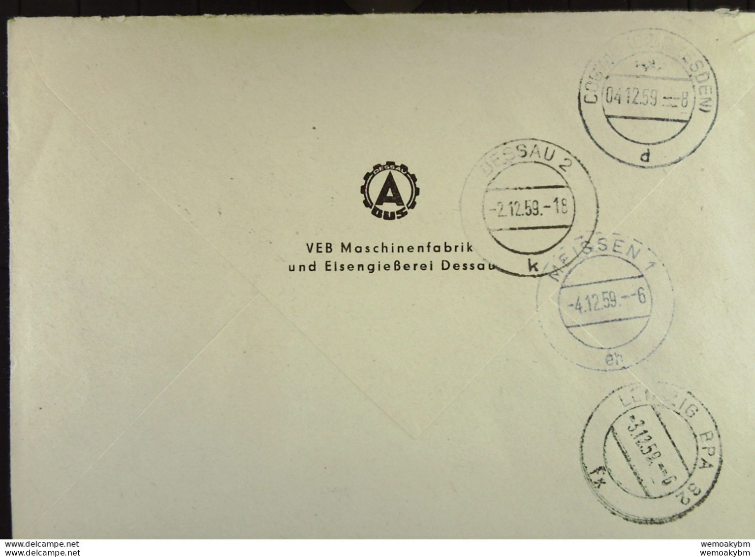 DDR: Fern-Brief Mit 20 Pf ZKD-Streifen Rot/grün/blau Kennbuchst. V 702659 Vom 2.12.59 Abs; VEB Maschinenfabrik Dessau - Zentraler Kurierdienst