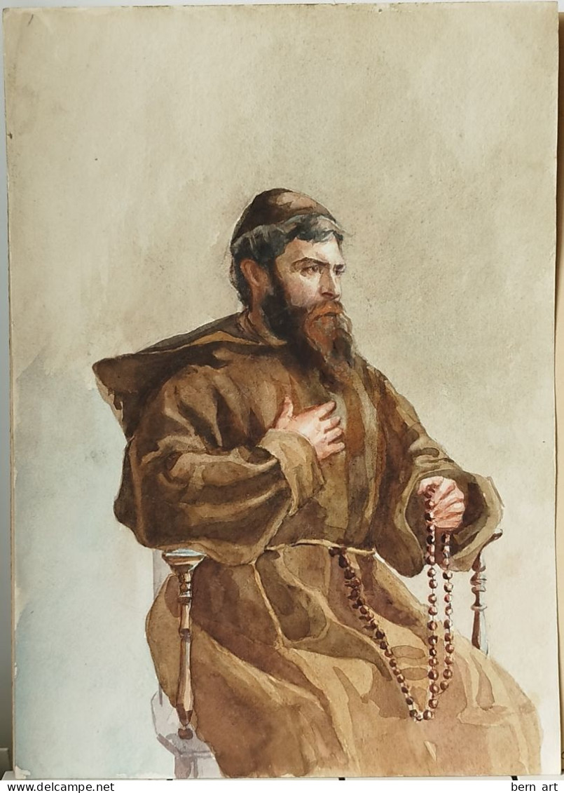 Aquarelle "Religieux à La Soutane Brune Et Au Chapelet". Fond D'Atelier B.F. Vers 1900 - Aquarel