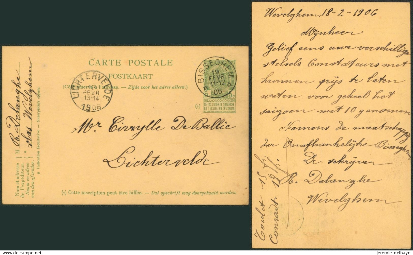 EP Au Type 5ctm Vert Obl Relais "Bisseghem" (Manusc. Wevelghem 1906) > Lichtervelde / COBA : 25+ - Postmarks With Stars