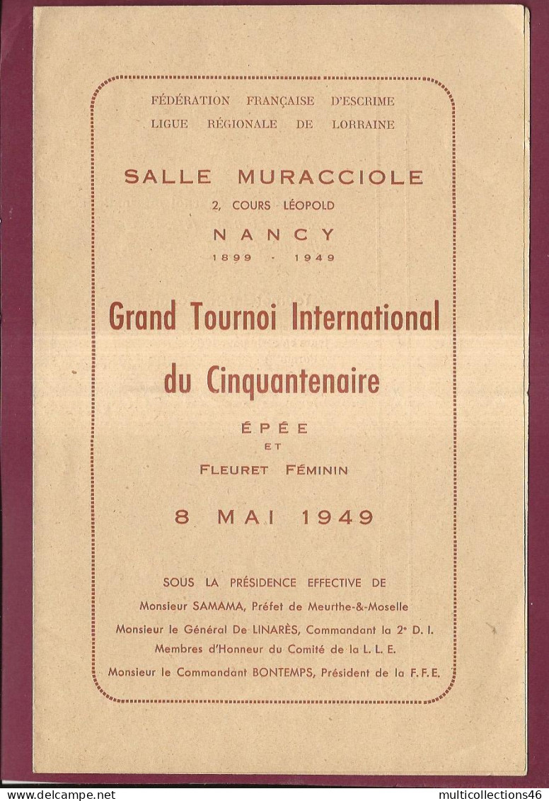 070424 - PROGRAMME SPORT NANCY 8 Mai 1949 - Grand Tournoi International Du Cinquantenaire EPEE FLEURET Féminin - Programmes