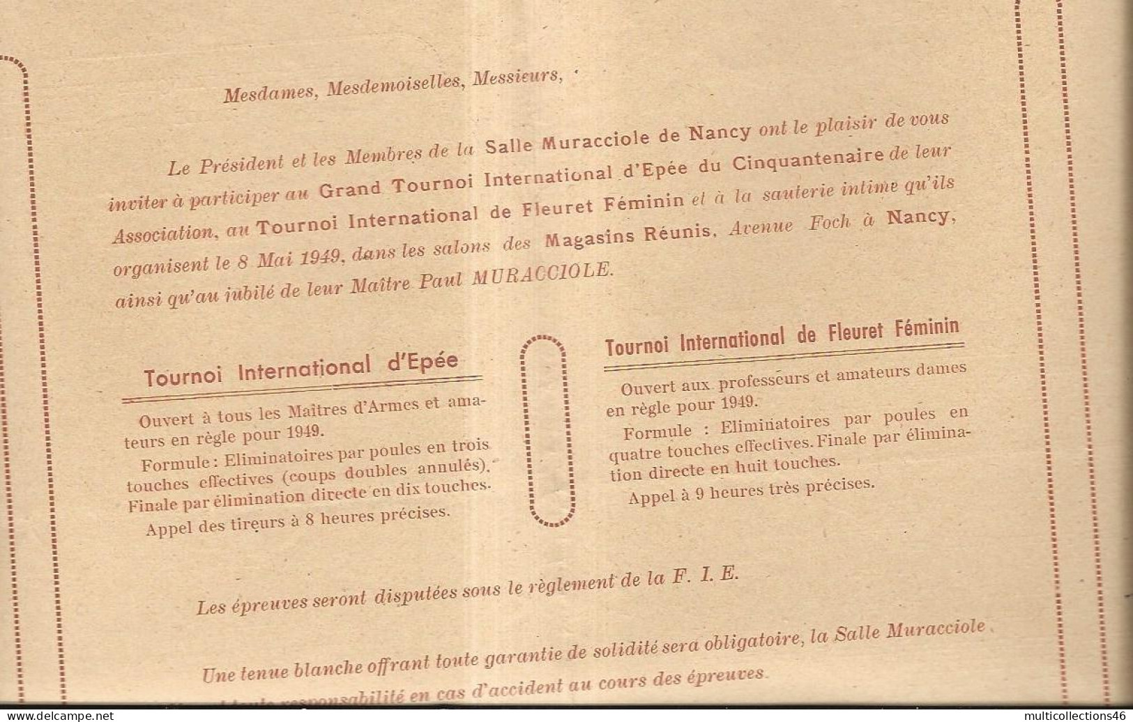 070424 - PROGRAMME SPORT NANCY 8 Mai 1949 - Grand Tournoi International Du Cinquantenaire EPEE FLEURET Féminin - Programma's