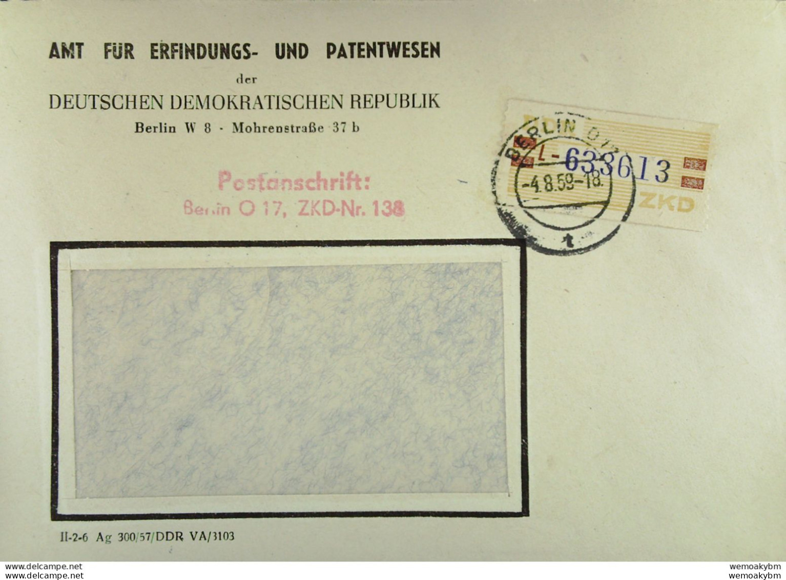 DDR: Fern-Brf Mit 20 Pf ZKD-Streifen Gelb/rotbr. Kennbuchst. L-633613 V. 4.8.58 Abs; Amt F. Erfindg-u Patentwesen Berlin - Service Central De Courrier