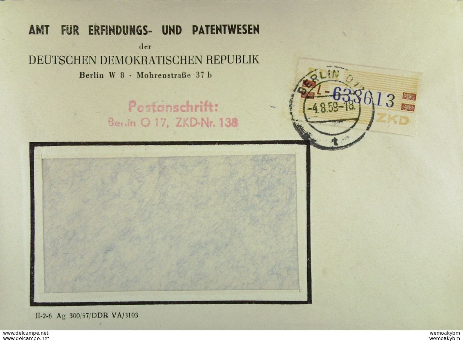 DDR: Fern-Brf Mit 20 Pf ZKD-Streifen Gelb/rotbr. Kennbuchst. L-633613 V. 4.8.58 Abs; Amt F. Erfindg-u Patentwesen Berlin - Zentraler Kurierdienst
