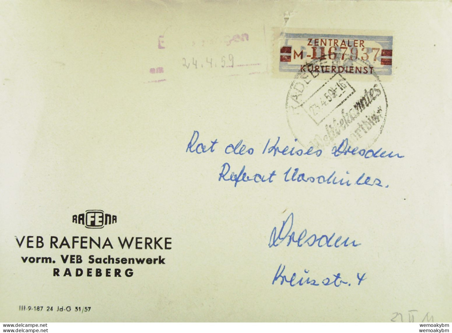 DDR: Fern-Brief Mit 20 Pf ZKD-Streifen Blau/Rotbraun Kennbuchst. M 1167937 Vom 23.4.59 Abs; VEB RAFENA Werke Radeberg - Zentraler Kurierdienst