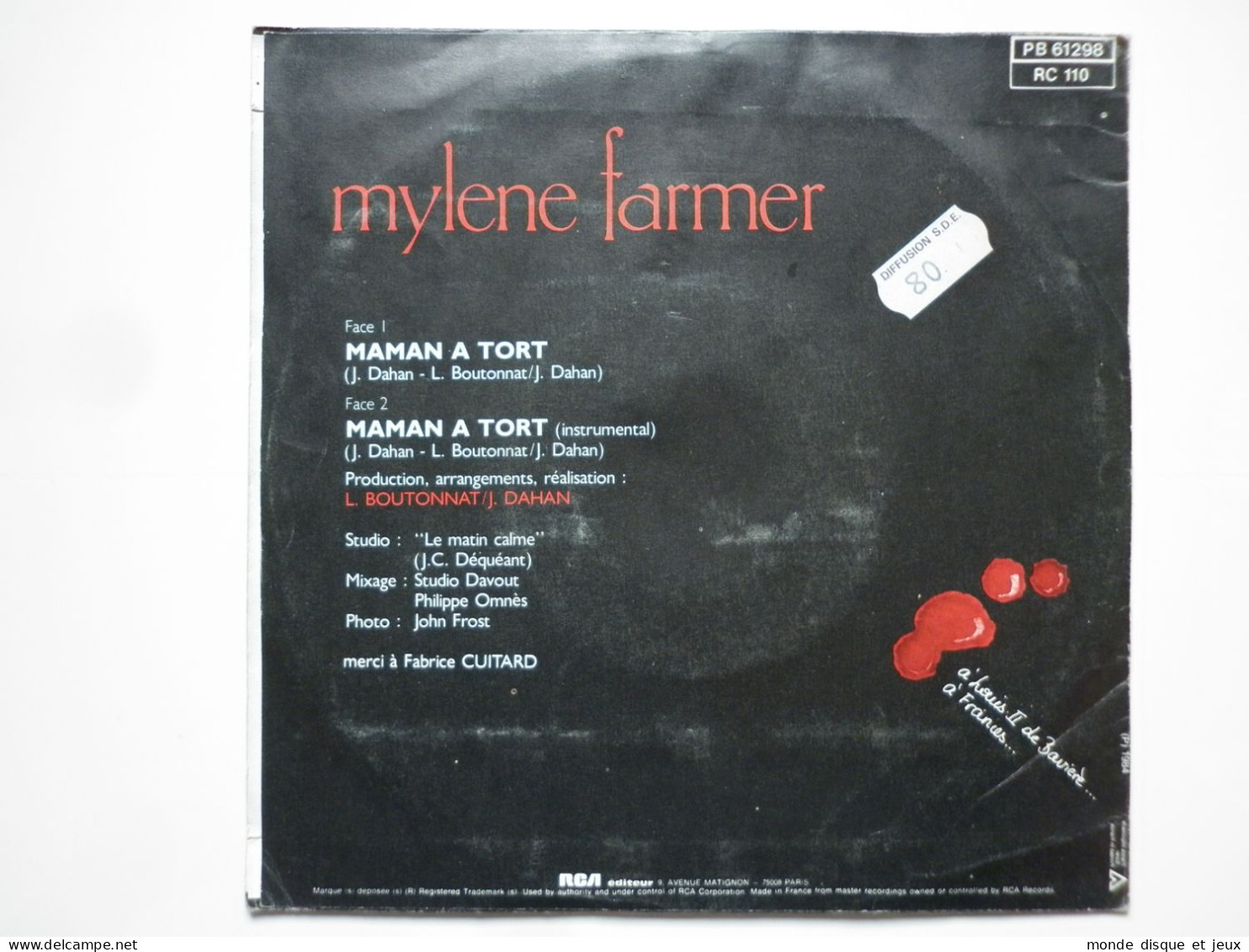 Mylene Farmer 45Tours Vinyle Maman A Tort Pochette Noir Et Blanc - Andere - Franstalig