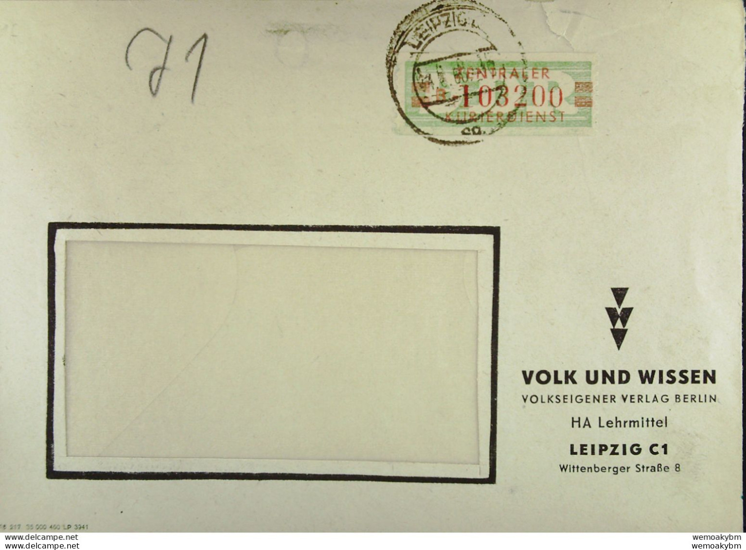 DDR: Fern-Brf Mit 20 Pf ZKD-Streifen Grün/rot Kennbuchst. B-103200 Vom 4.6.60 Abs; Verlag Volk Und Wissen Leipzig - Central Mail Service