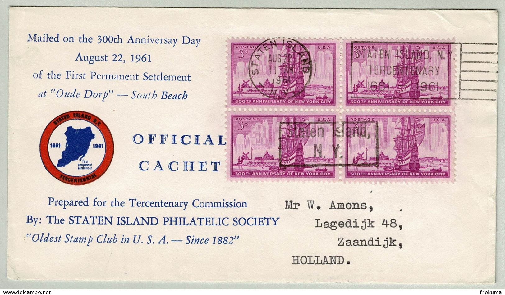 USA 1961, Brief Staten Island - Zaandijk (Holland), Schiff Im Hafen New Amsterdam, New York - Covers & Documents