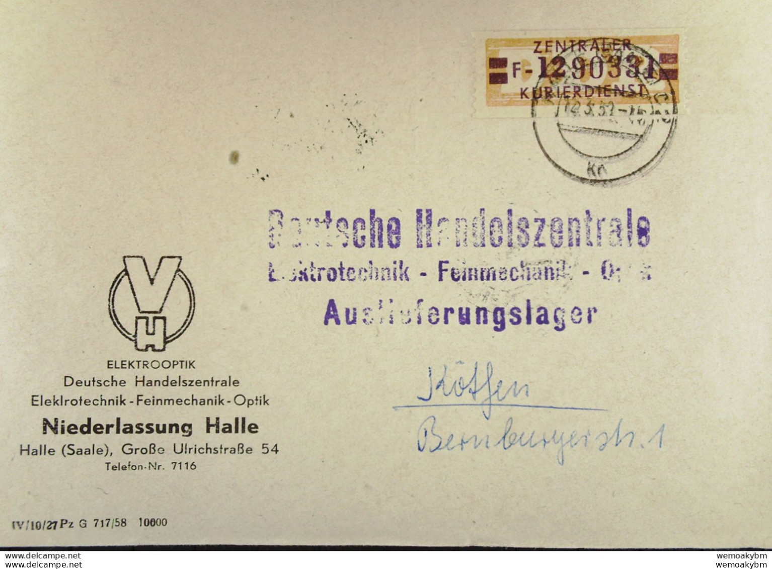 DDR: Fern-Brf Mit 20 Pf ZKD-Streifen Oran/dkl-braun Kennbuchst. F1290331 Vom 12.3.59 Abs; VH Elektrooptik Halle - Centrale Postdienst