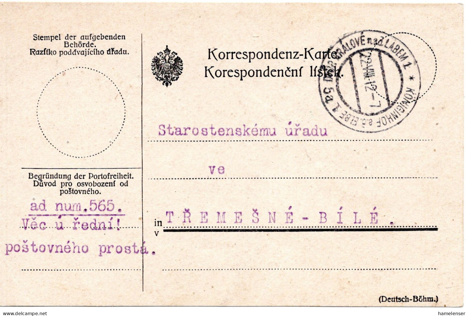 77152 - Österreich - 1912 - Unfrank DienstKte KÖNIGSHOF -> Tremesne-Bile - Lettres & Documents