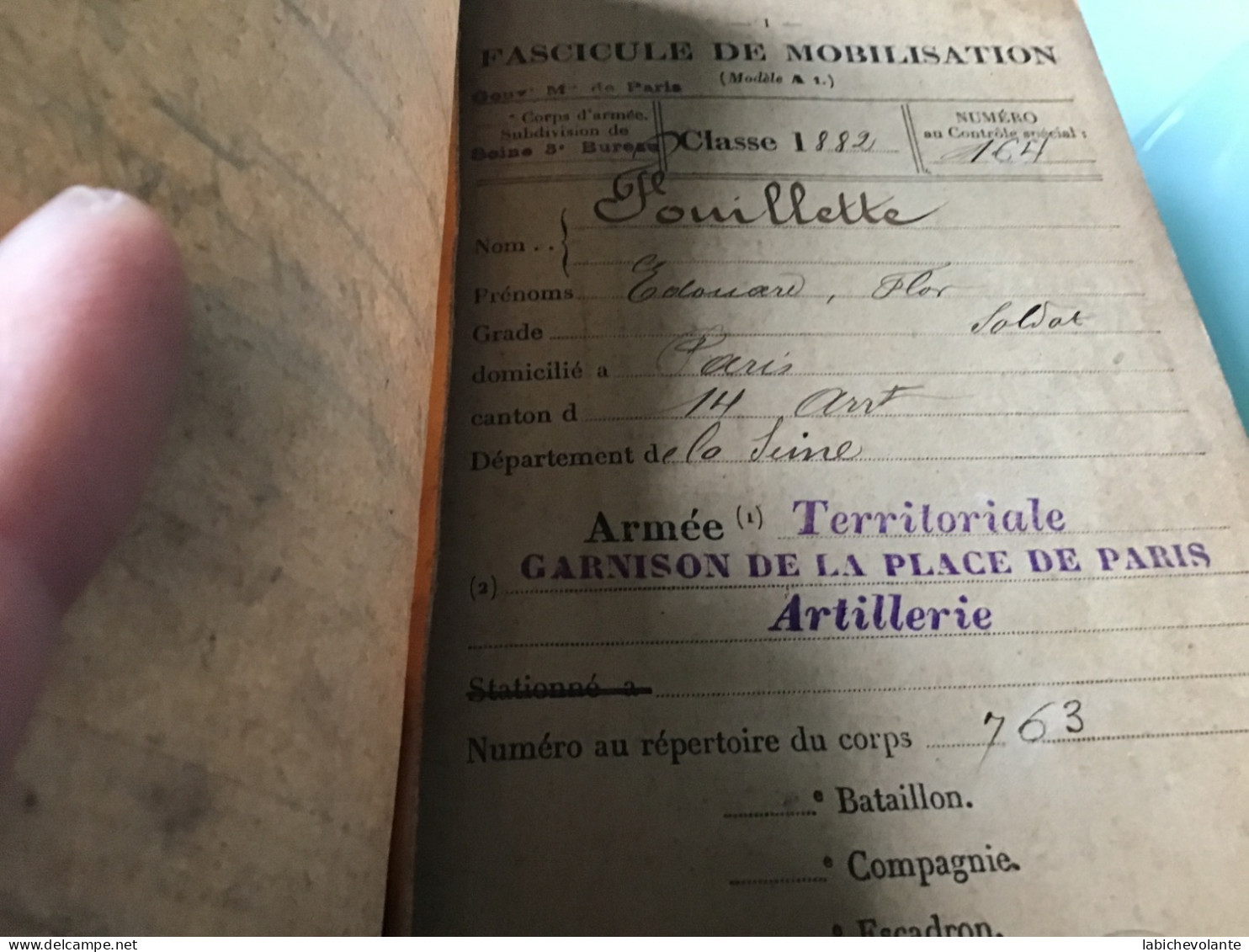 FASCICULE DE MOBILISATION Classe 1882 - Dokumente