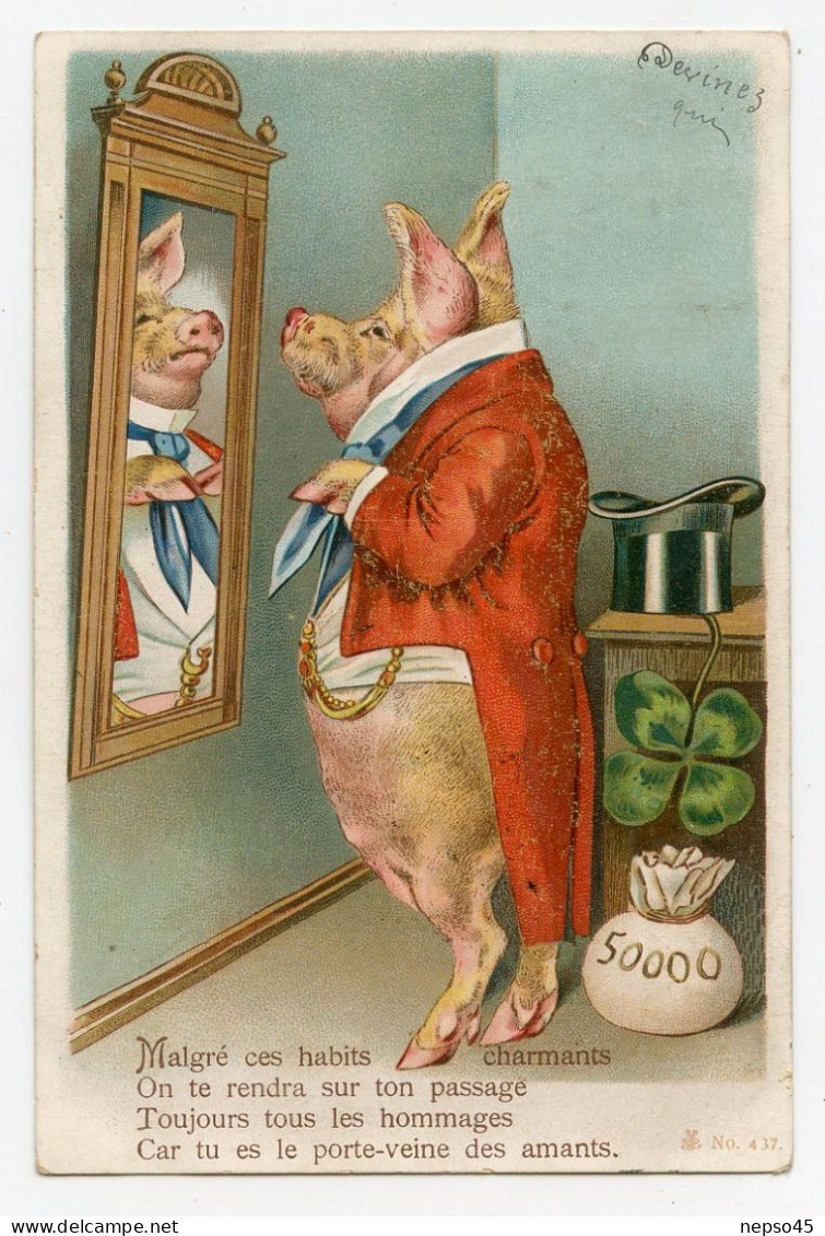 Les Animaux Habillés,noble Cochon Devant Son Miroir En Smoking.queue-de-pie Rouge Et Cravate Bleu.pig. - Cochons