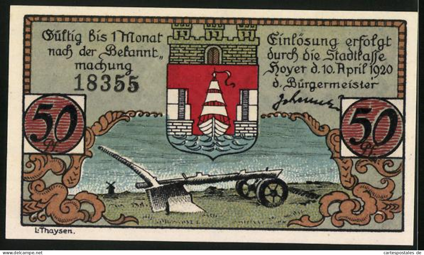 Notgeld Hoyer 1920, 50 Pfennig, Staudamm Und Fischer, Stadtwappen  - Danimarca