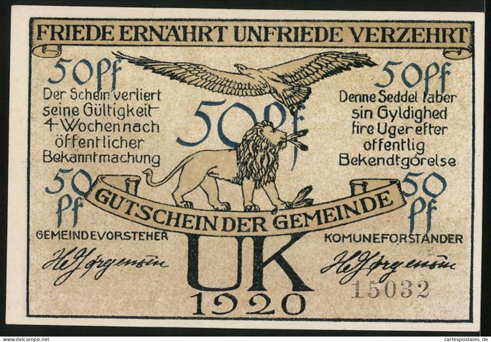 Notgeld Uk, 50 Pfennig, Vrneroved Landstring 1220, Löwe Und Adler  - Denemarken