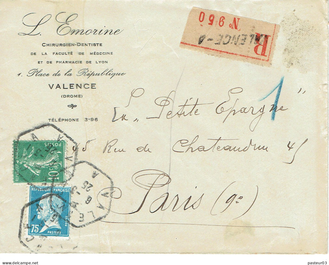 Tarifs Postaux France Du 25-03-1924 (22) Pasteur N° 177 75 C. + 10 C. Semeuse  LR 1er 06-03-1925 RAU Valence A - 1922-26 Pasteur