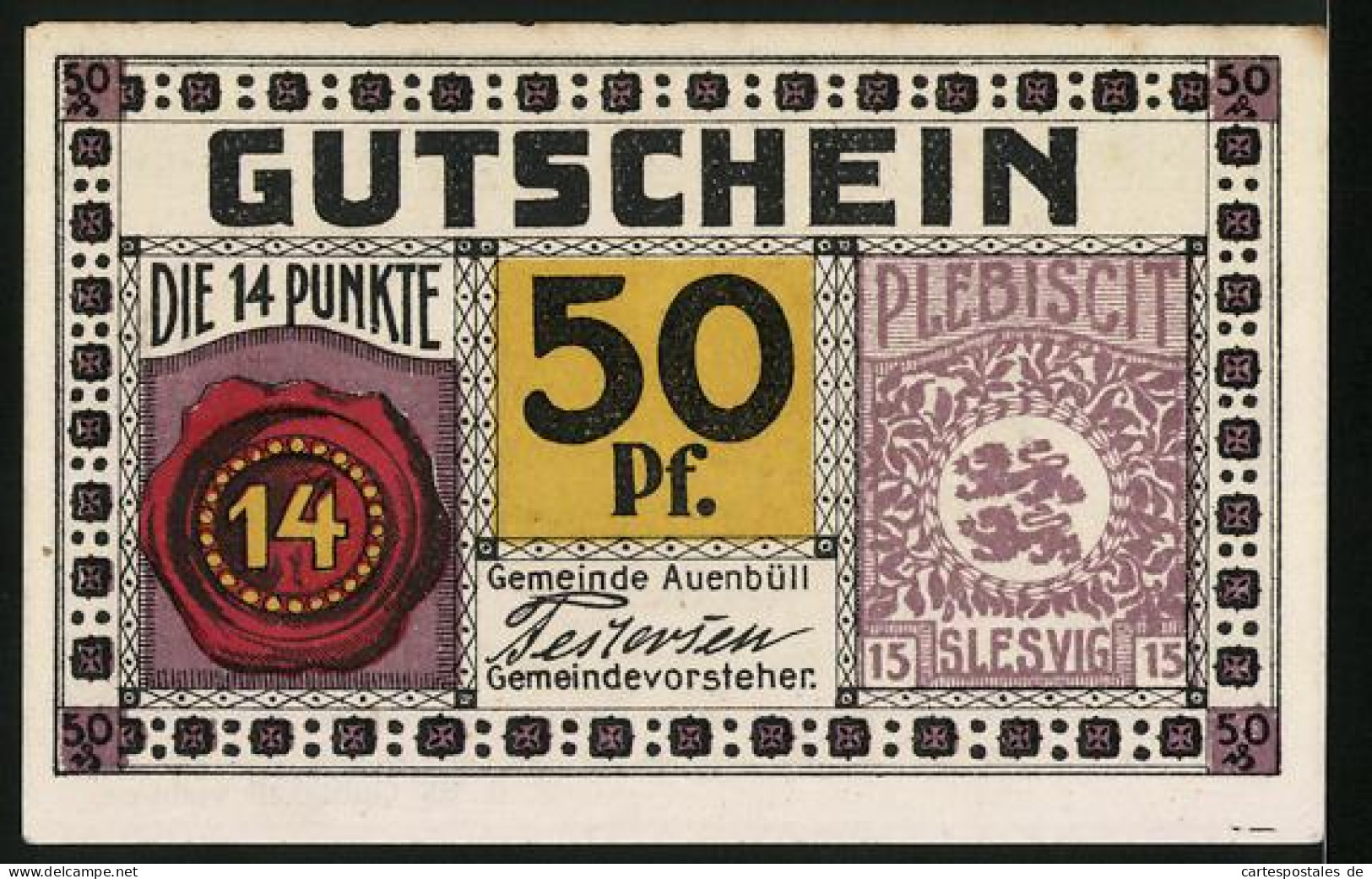 Notgeld Auenbüll 1920, 50 Pfennig, Siegel 14 Punkte, Plebiscit Slesvig, Bauer Mit Dänischer Flagge Und Kühen  - Danemark