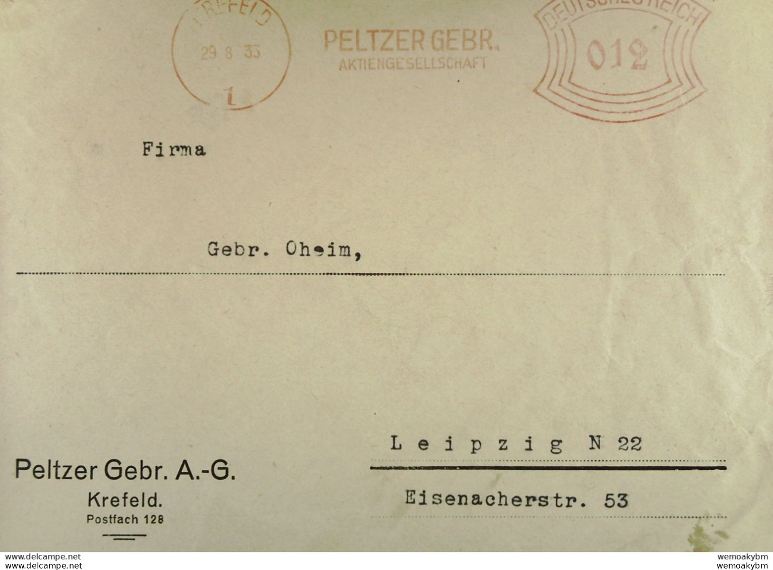 DR: Brief Mit AFS Deutsches Reich =012= KREFELD 29.8.33 "PELTZER GEBR. Aktiengesellschaft" Nach Leipzig -Großformat - Macchine Per Obliterare (EMA)