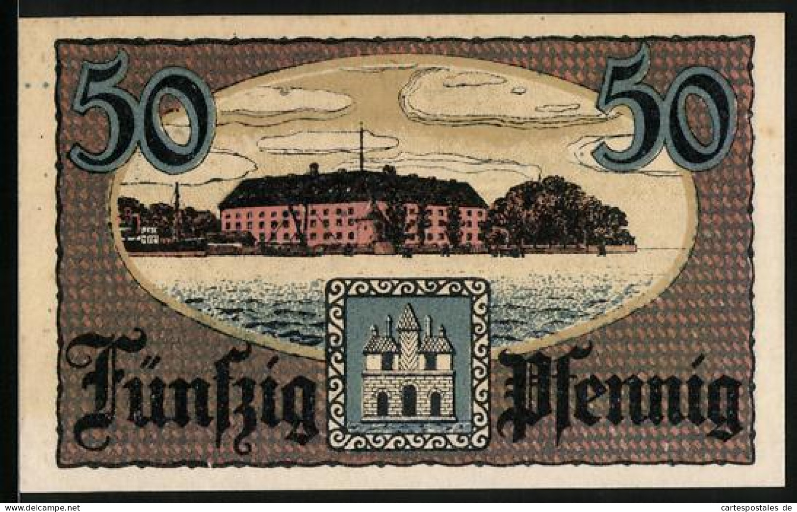 Notgeld Sonderburg 1919, 50 Pfennig, Gebäudeansicht Vom Wasser Aus, Wappen  - Dinamarca