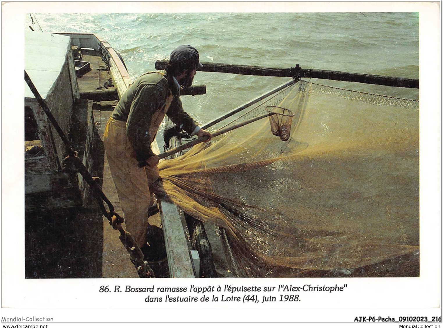 AJKP6-0643 - PECHE - R BOSSARD RAMASSE L'APPAT A L'EPUISETTE SUR L'ALEX-CHRISTOPHE DANS L'ESTUAIRE DE LA LOIRE  - Pesca