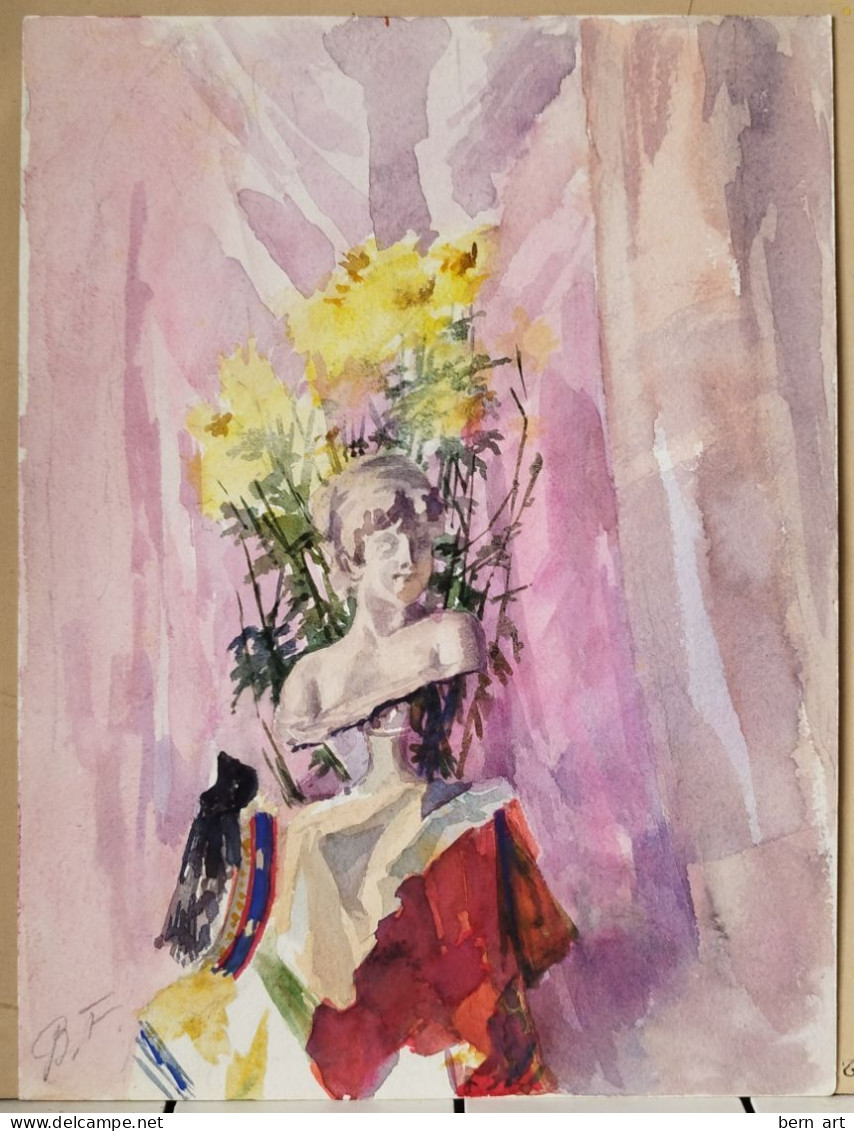 Aquarelle Pochade "Statue De Marianne Dans Un Bouquet De Fleurs". Fond D'Atelier Signé B.F. Vers 1900 - Aquarel