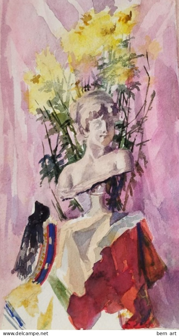 Aquarelle Pochade "Statue De Marianne Dans Un Bouquet De Fleurs". Fond D'Atelier Signé B.F. Vers 1900 - Acquarelli