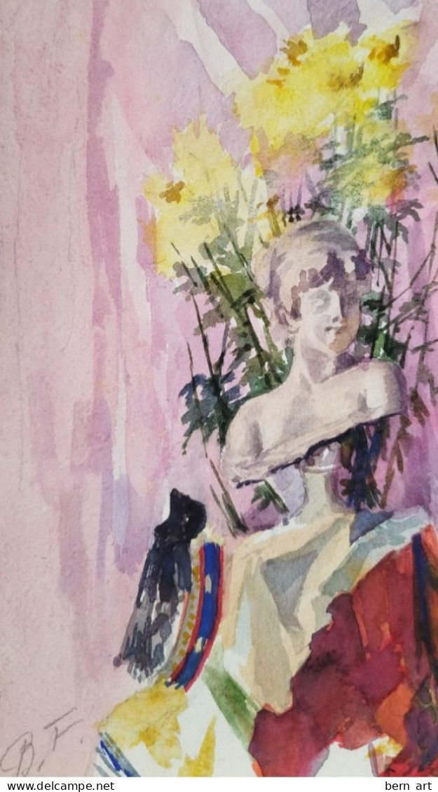 Aquarelle Pochade "Statue De Marianne Dans Un Bouquet De Fleurs". Fond D'Atelier Signé B.F. Vers 1900 - Acuarelas