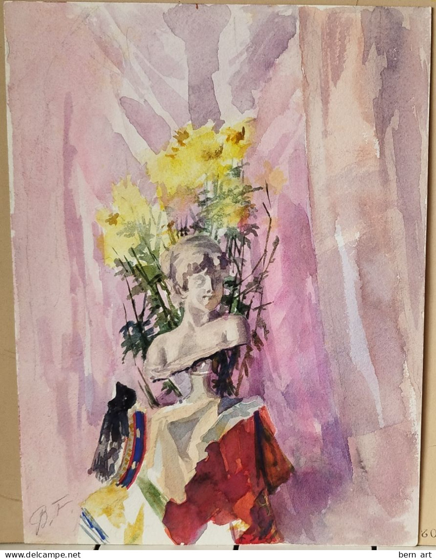 Aquarelle Pochade "Statue De Marianne Dans Un Bouquet De Fleurs". Fond D'Atelier Signé B.F. Vers 1900 - Wasserfarben