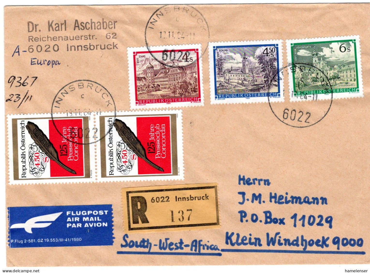 77155 - Österreich - 1984 - 6S Stift Rein MiF A R-LpBf INNSBRUCK -> KLEIN-WINDHOEK (Suedwestafrika) - Lettres & Documents