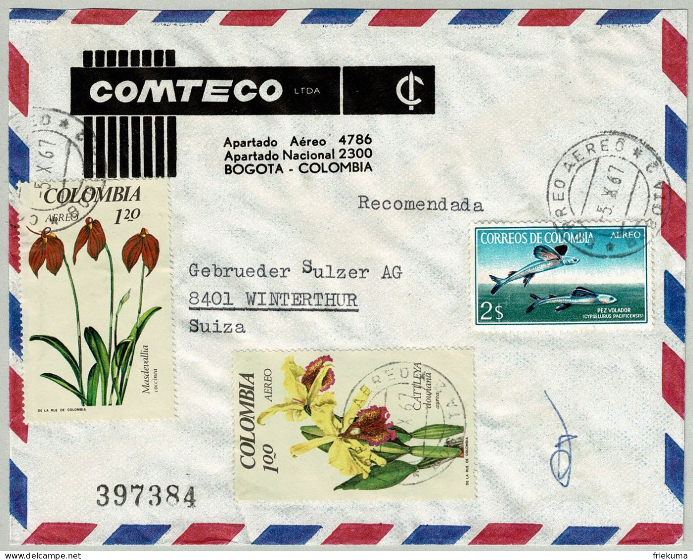 Kolumbien / Colombia1967, Einschreibebrief Bogota - Winterthur, Masdevallia Coccinea, Cattleya Dowiana, Orchidee/Orchid - Kolumbien