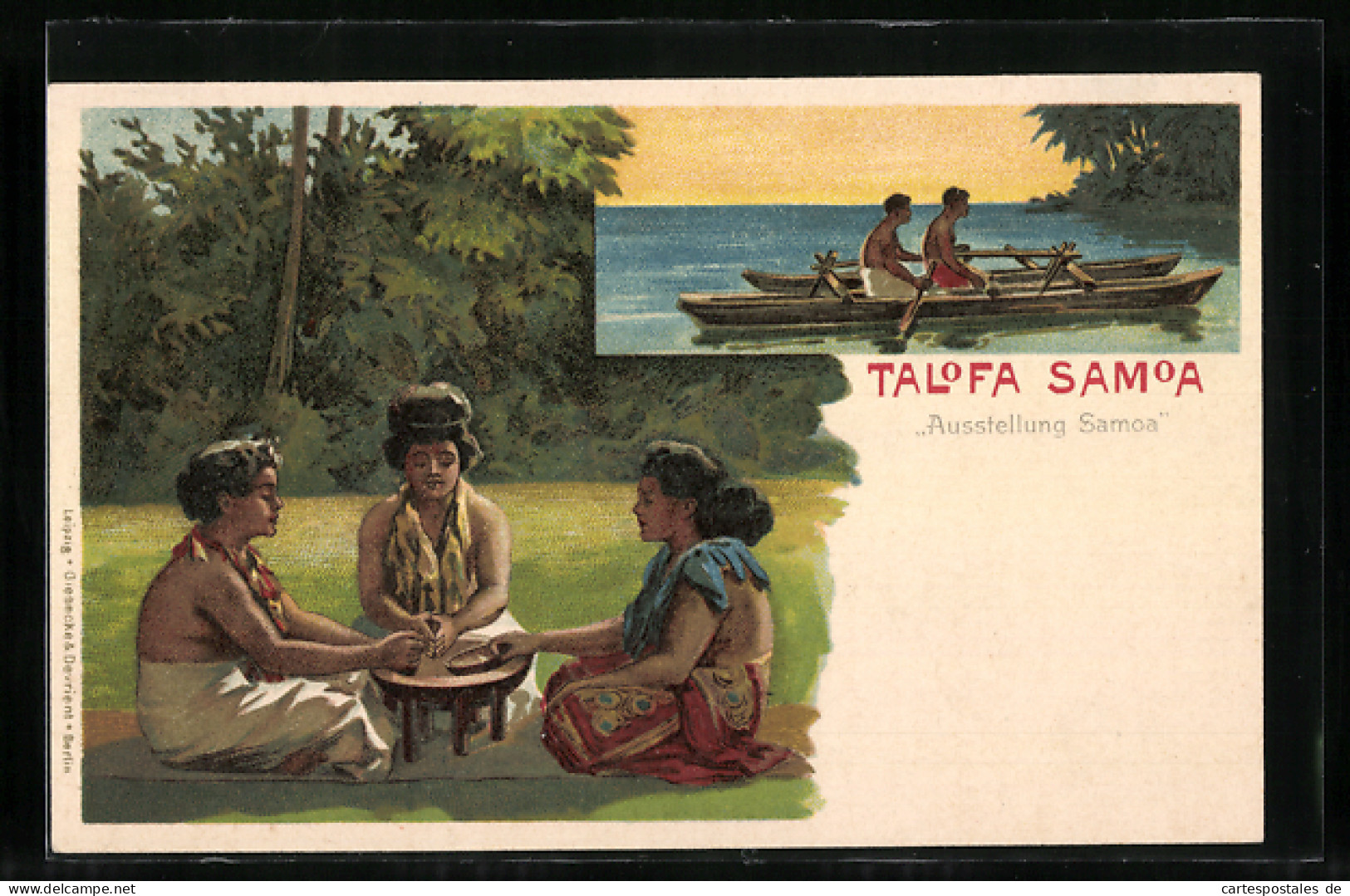 Lithographie Samoa, Exposition Samoa, Einheimische Im Bateau, Frauen Sitzen Am Tisch  - Ehemalige Dt. Kolonien
