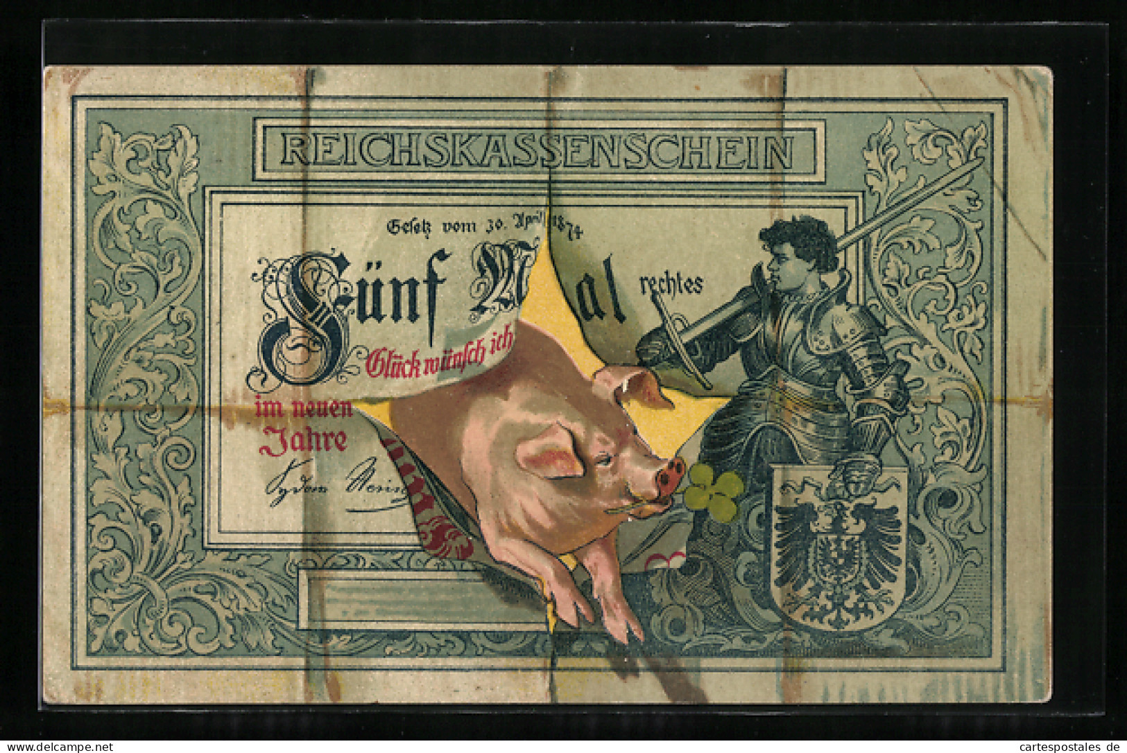 Lithographie Glücksschwein Platzt Durch Reichskassenschein  - Coins (pictures)